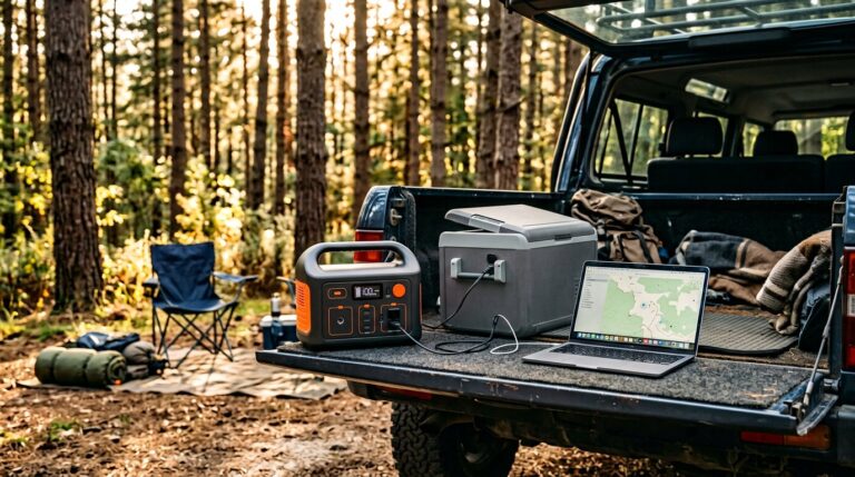 Portable power station on an SUV tailgate powering a camping fridge and laptop