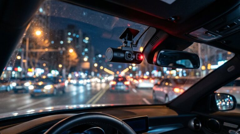 Three-channel dash cam mounted on a rideshare car windshield
