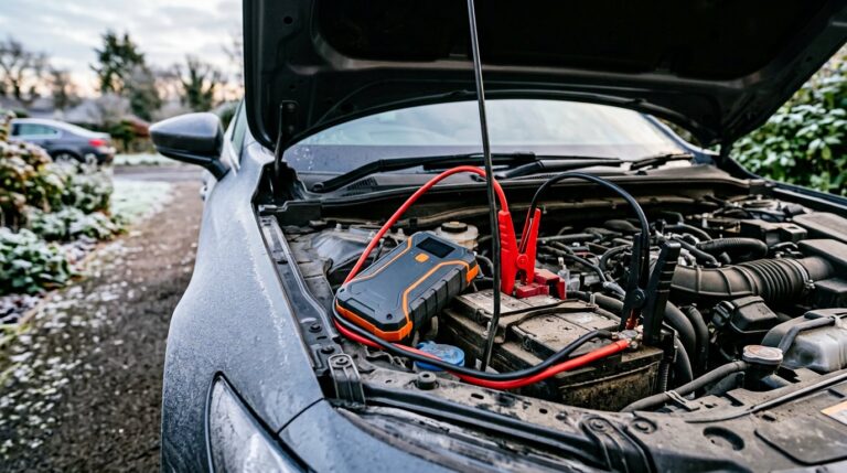 Lithium jump starter clamped to a car battery