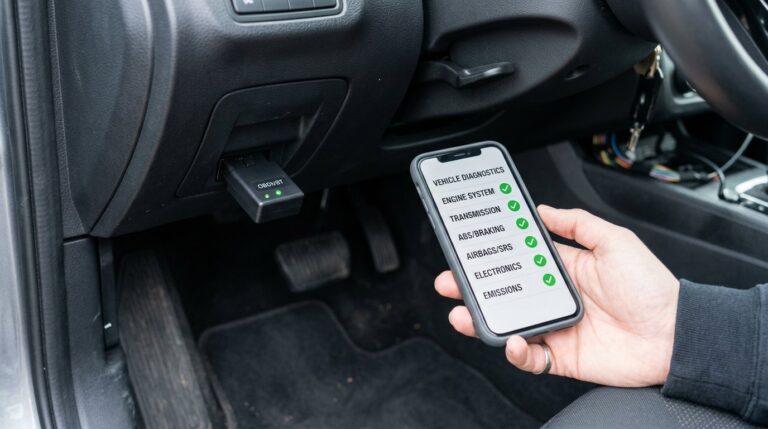 Bluetooth OBD2 scanner plugged into a car's diagnostic port with a phone showing codes
