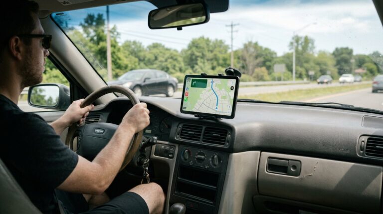Portable wireless CarPlay touchscreen mounted on the dashboard of an older car showing a navigation map