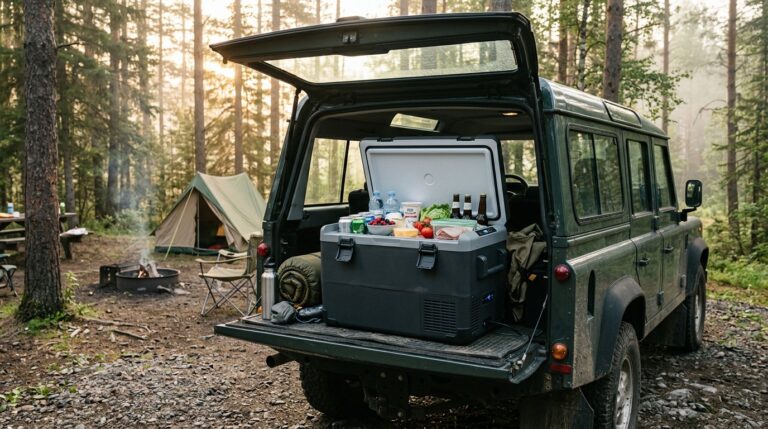 Portable 12V compressor fridge in the open trunk of an SUV at a campsite