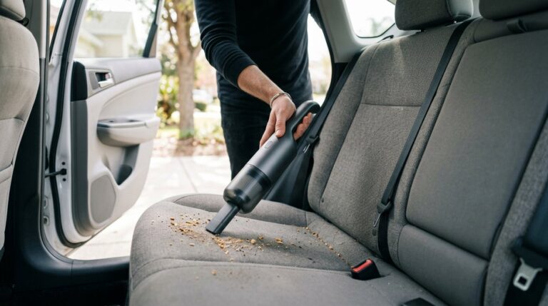 Cordless handheld vacuum cleaning the fabric rear seat of a car