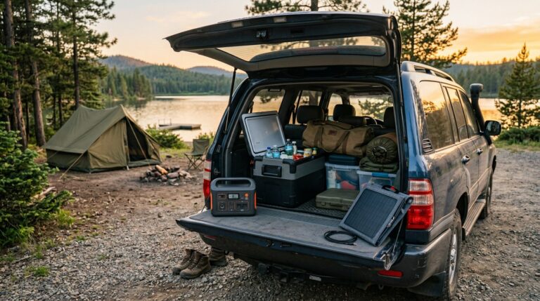 Car camping setup with a portable power station and 12V fridge in the open trunk of an SUV