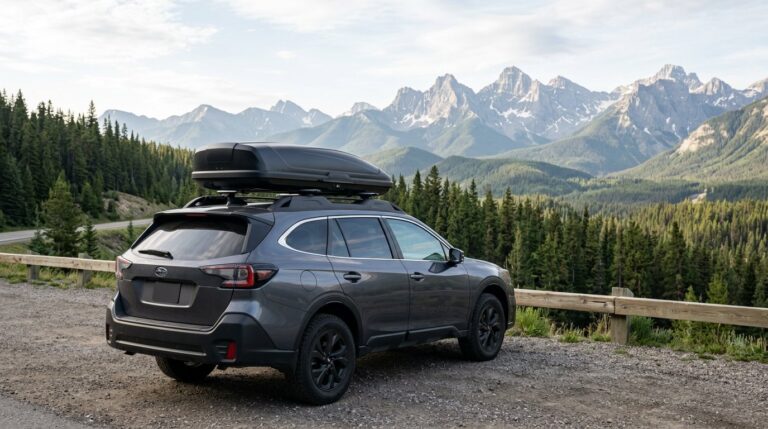 Black rooftop cargo box mounted on the roof rack of an SUV on a mountain road