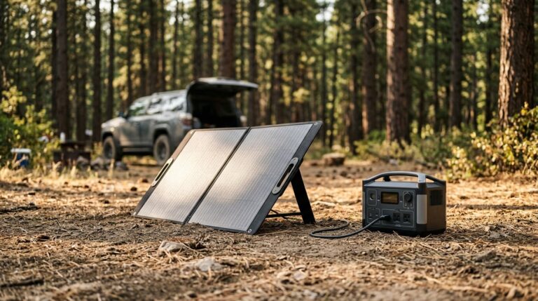 Folding portable solar panel propped on its kickstand beside a power station at a campsite