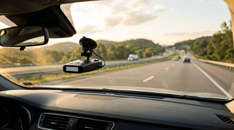 Radar detector mounted on a car windscreen with an open highway ahead