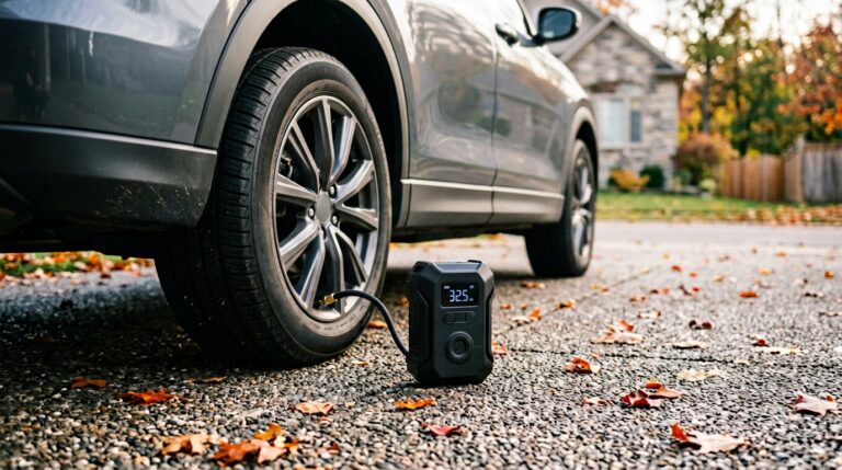 Compact cordless tire inflator attached to a car tire valve on a driveway